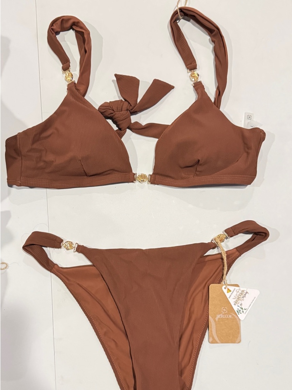 Brown Ribbed Triangle Bikini Set